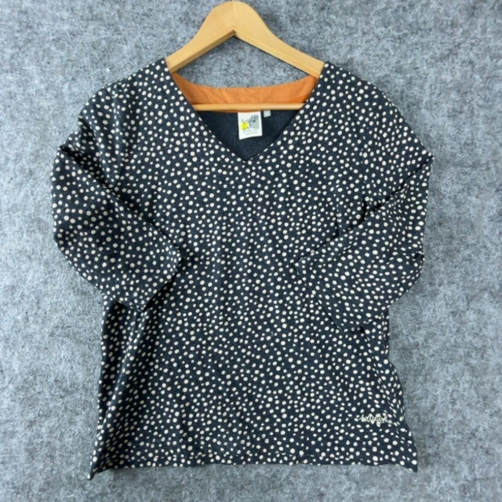 Weird Fish Top Womens 12 Navy Polka Dot V-Neck Organic Cotton Blend Casual